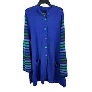 Bob Mackie Wearable Art 3X Blue Multicolor Stripe Sleeve Cardigan Sweater NWT